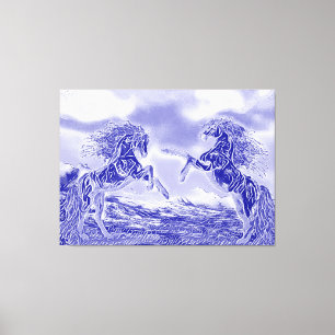 Paar paarden in blauw en wit V3 canvasprint Canvas Afdruk