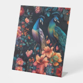 Paar pauwen in een kleurrijke tuin reclamebord met voetstuk (Voorkant)