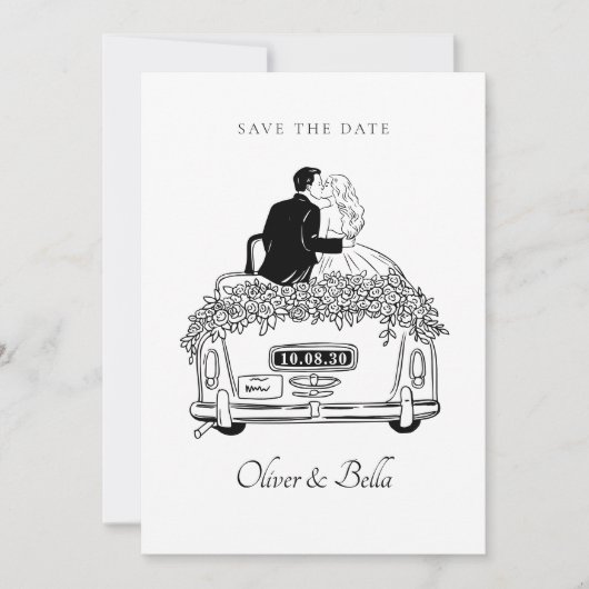 Paar rijdt op een autobruiloft kaart (Voorkant)