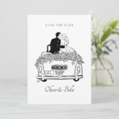 Paar rijdt op een autobruiloft kaart (Staand voorkant)