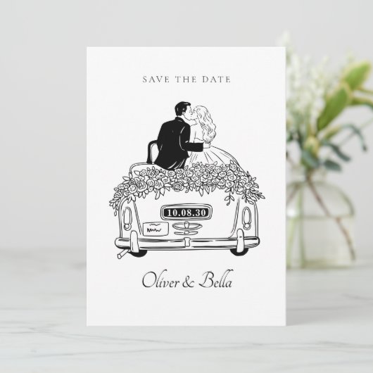 Paar rijdt op een autobruiloft kaart (Staand voorkant)