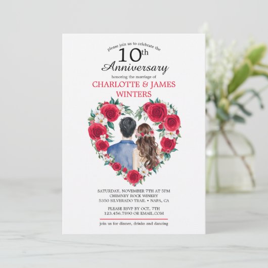 Paar Rozen waterverf 10e bruiloft Jubileum Kaart (Staand voorkant)