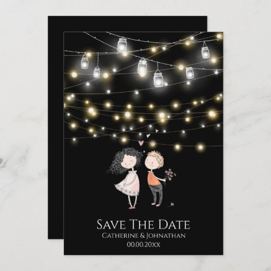 Paar staande onder string lichten cartoon save the date (Voorkant / Achterkant)