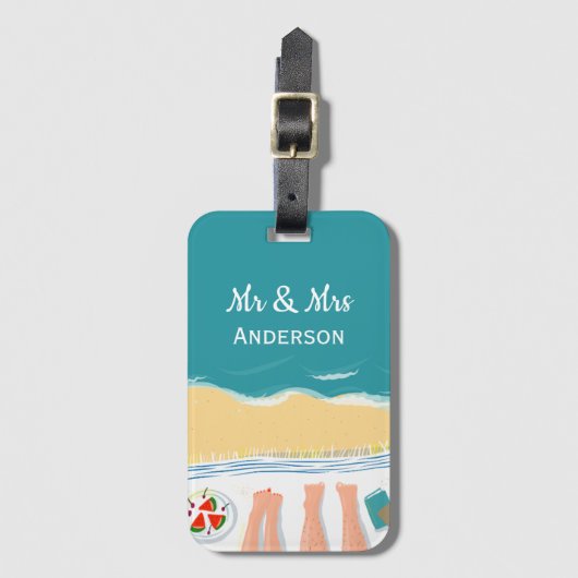 Paar Sunbathing gepersonaliseerd Mr en Mrs Holiday Bagagelabel (Voorkant (verticaal))