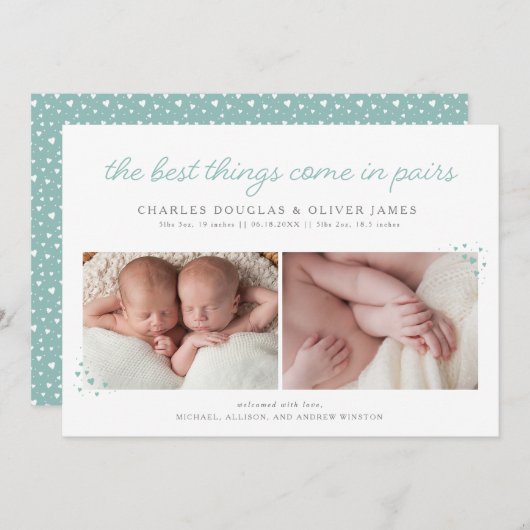 Paar Twin Boy Birth Announounding with Blue Hearts Aankondiging (Voorkant / Achterkant)