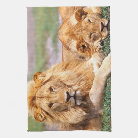 Paar van Afrikaanse Lion, Panthera leo, Tanzania Theedoek (Verticaal)