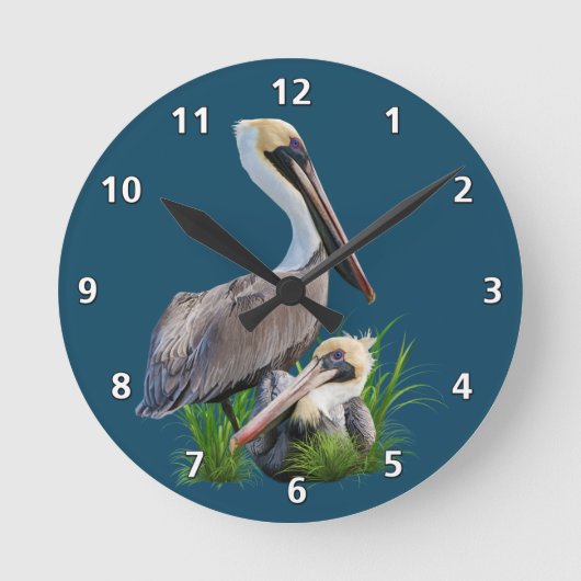 Paar van bruine pelikans,  ronde klok (Voorkant)