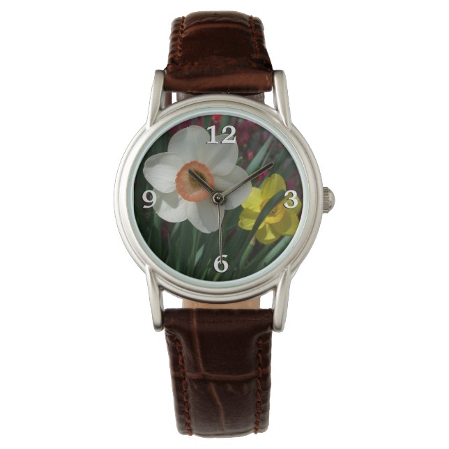 Paar van Daffodils Roze en Gele Lentbloemen Horloge (Voorkant)