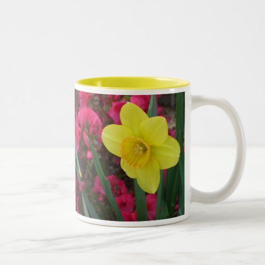 Paar van Daffodils Roze en Gele Lentbloemen Tweekleurige Koffiemok (Rechts)