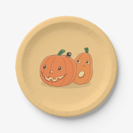 Paar van Halloween Pumpkins op Geel Papieren Bordje (Voorkant)
