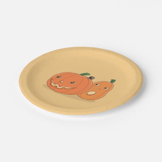 Paar van Halloween Pumpkins op Geel Papieren Bordje (Gekanteld)