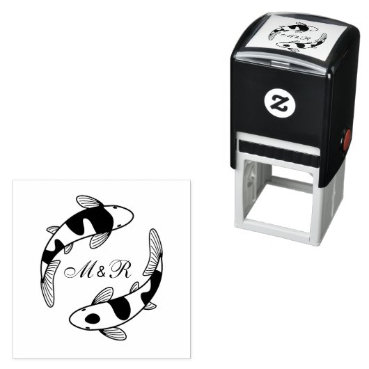 Paar van het Japanse Koi Fish Wedding Monogram Zelfinktende Stempel (In situ)