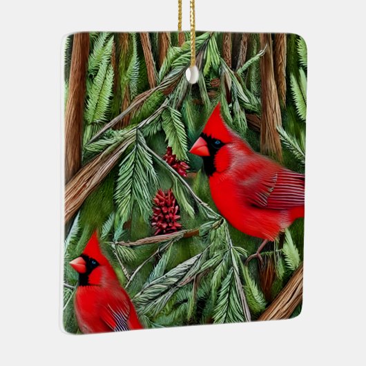 Paar van Majestic Wilde Rode Kardinalen Keramisch Ornament (Rechts)