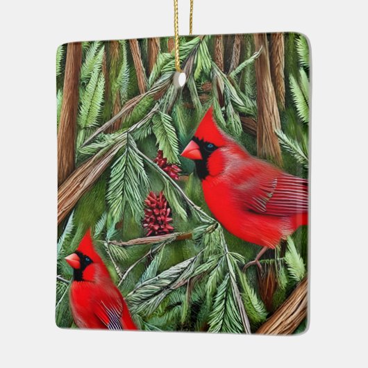 Paar van Majestic Wilde Rode Kardinalen Keramisch Ornament (Links)