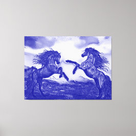 Paar van paarden in blauw en wit V1-canvas afdrukk Canvas Afdruk