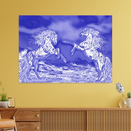 Paar van paarden in Blue & White V2 Canvas Print (Insitu (Woonkamer))