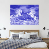 Paar van paarden in Blue & White V2 Canvas Print (Insitu (Slaapkamer))