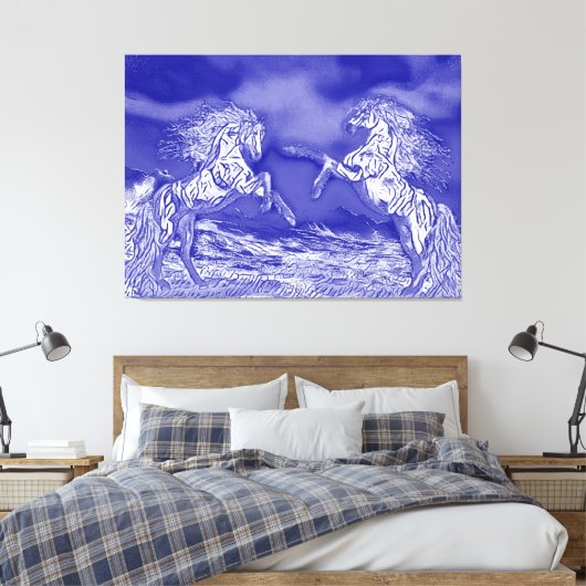 Paar van paarden in Blue & White V2 Canvas Print (Insitu (Slaapkamer))