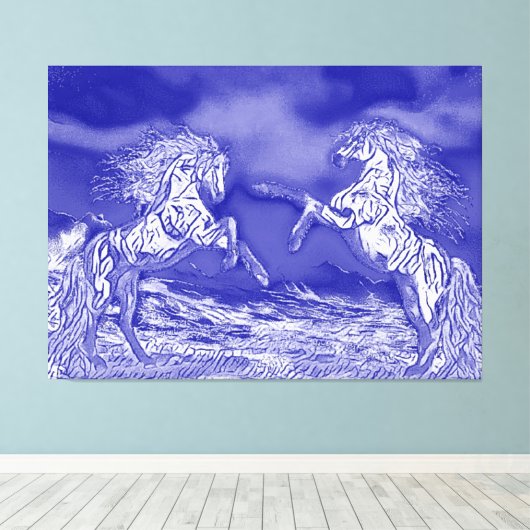 Paar van paarden in Blue & White V2 Canvas Print (Insitu (Houten vloer))