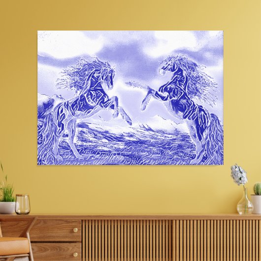 Paar van paarden in Blue & White V3 Canvas Print (Insitu (Woonkamer))