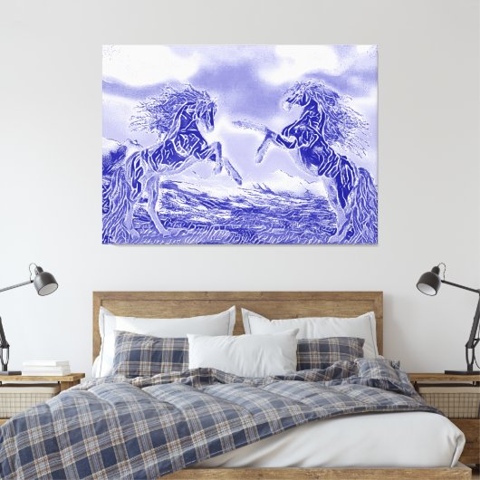 Paar van paarden in Blue & White V3 Canvas Print (Insitu (Slaapkamer))