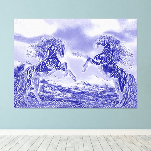 Paar van paarden in Blue & White V3 Canvas Print (Insitu (Houten vloer))