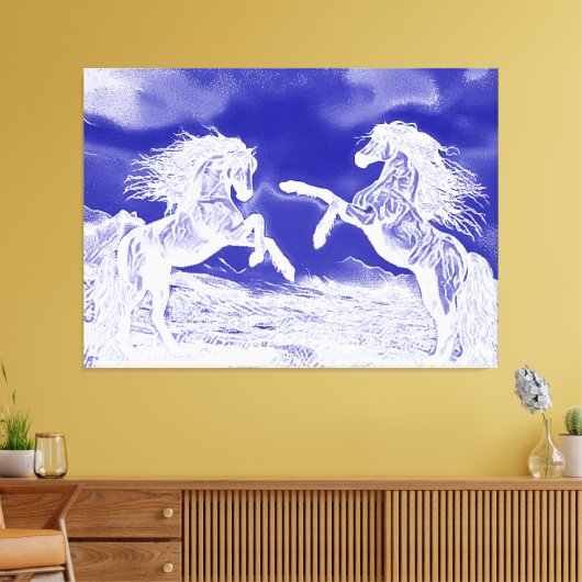 Paar van paarden in Blue & White V4 Canvas Print (Insitu (Woonkamer))