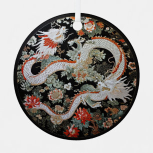 Paar van Witte Aziatische Draken Metalen Ornament