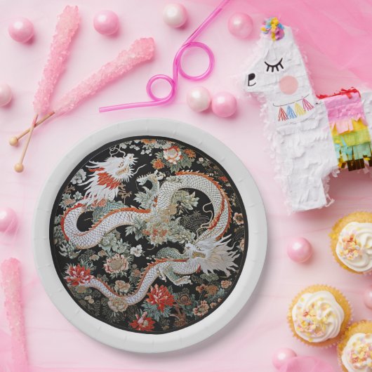 Paar van Witte Aziatische Draken Papieren Bordje (Feest)