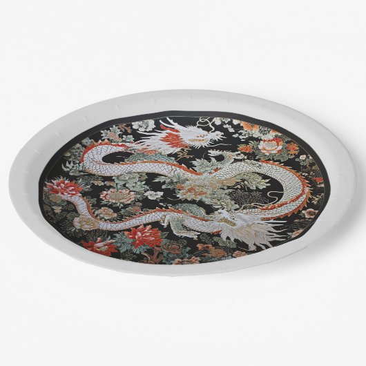 Paar van Witte Aziatische Draken Papieren Bordje (Gekanteld)