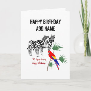 Paar van Zebras en een papegaai, Birthday, pas aan Kaart