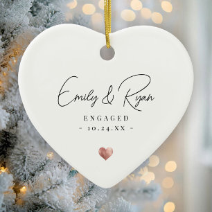Paar Verloving Eerste Kerst Roos Gouden Hart Keramisch Ornament