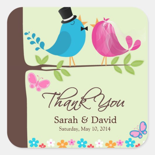 Paar vogels op Cherry Branch | Weddenschap Harteli Vierkante Sticker (Voorkant)