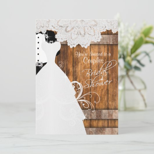 Paar Vrijgezellenfeest in rustiek hout en kant Kaart (Staand voorkant)