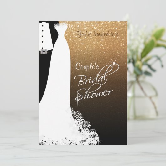 Paar Vrijgezellenfeest in zwart en goudglitter Kaart (Staand voorkant)