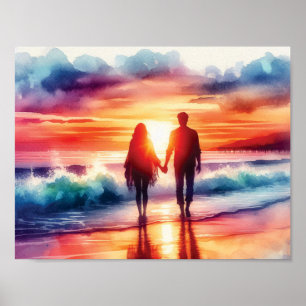 Paar wandelen op het strand poster