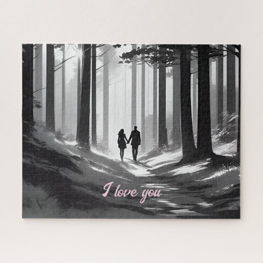 Paar wandelt langs Black & White Forest Path Legpuzzel (Horizontaal)