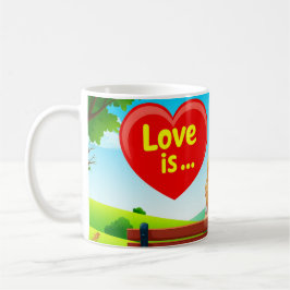 Paar zittend op een bank met liefdestitel koffiemok