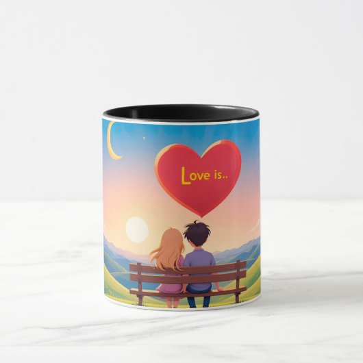 Paar zittend op een bank met liefdestitel mok (Midden)