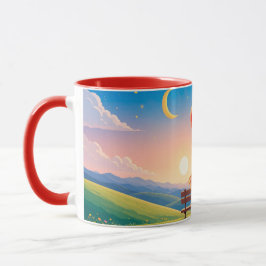 Paar zittend op een bank met liefdestitel mok