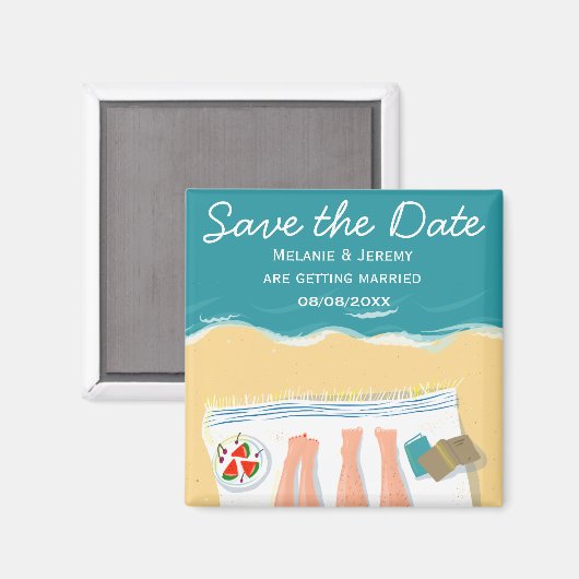 Paar Zonnebaden op het strand Custom Save the Date Magneet (Voorkant / Achterkant)