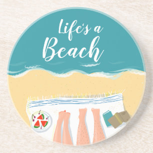 Paar Zonnebaden op het strand Slogan Zandsteen Onderzetter
