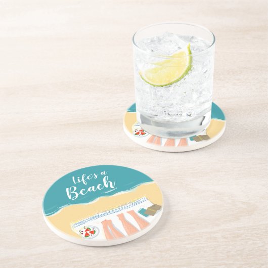 Paar Zonnebaden op het strand Slogan Zandsteen Onderzetter (Zijkant)