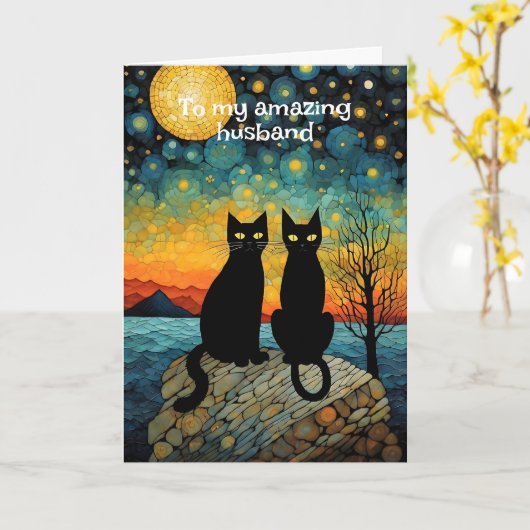  paar zwart kat op rock Jubileum Kaart (Gele Bloem)