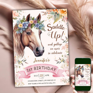 Paard 1e Verjaardag KoeMeisje Bloemen Zadel omhoog Kaart