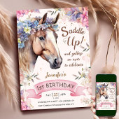 Paard 1e verjaardag koeMeisje bloemen zadel omhoog Kaart