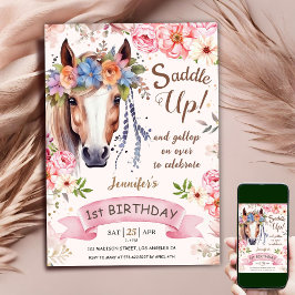 Paard 1e Verjaardag Meisje Roze Bloemen Cowgirl Kaart