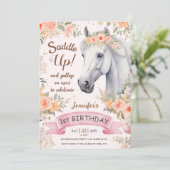 Paard 1e verjaardag meisje roze bloemen zadel omho kaart (Staand voorkant)