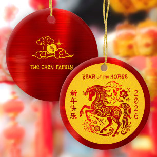 Paard 2026 Chinees Nieuwjaar Rood Folie Geel Keramisch Ornament