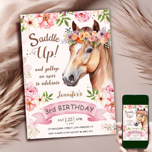 Paard 3e verjaardag roze rozenbloemen zadel omhoog kaart